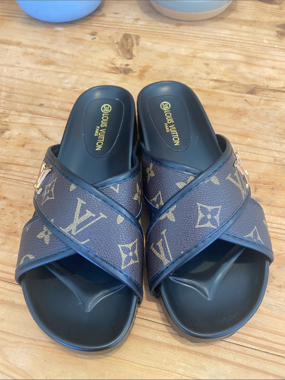 Brown Crisscross Slide Sandals with Gold Accents